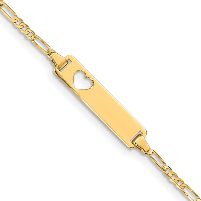Yellow Gold Cut-Out Heart Figaro Link ID Bracelet | 7 Inches