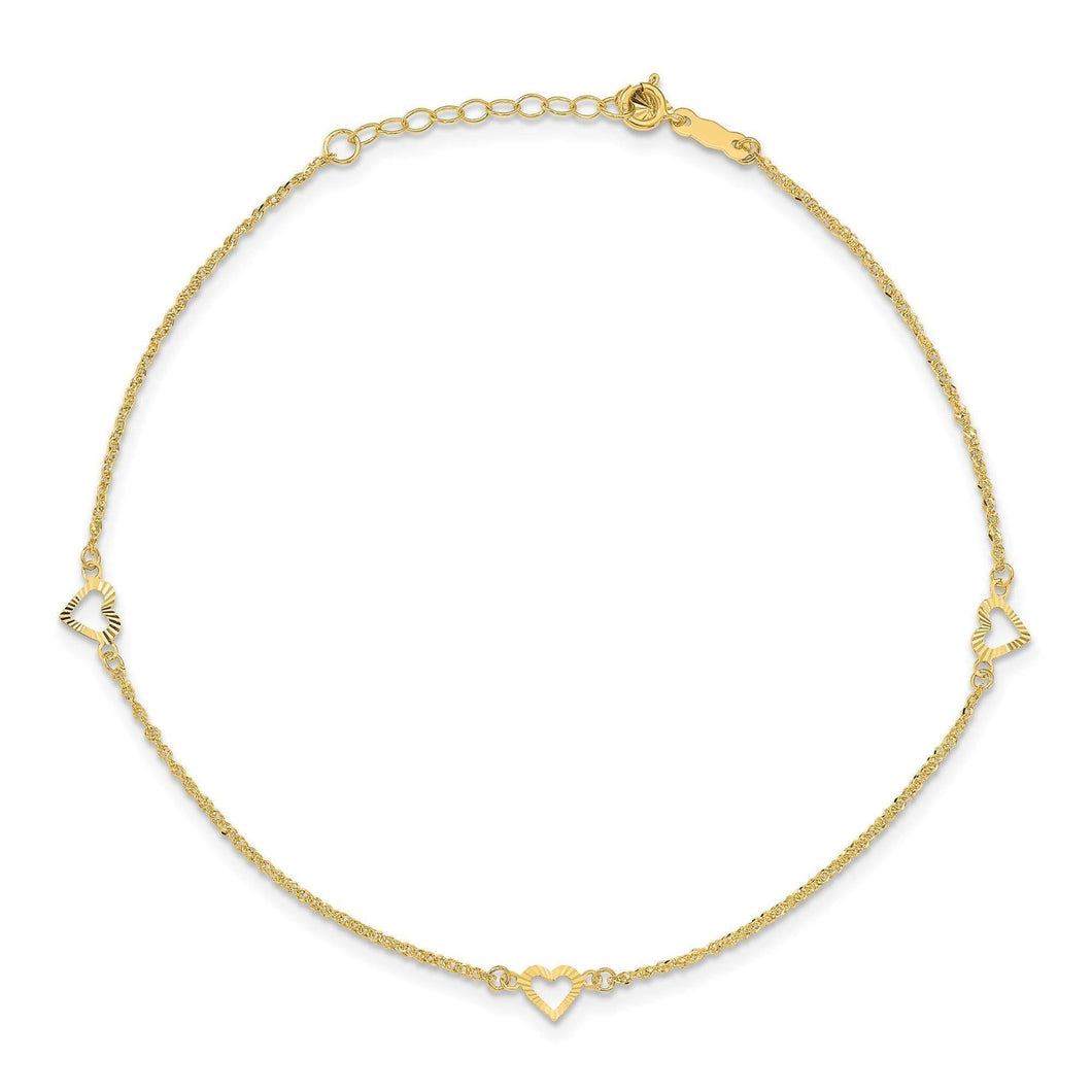 Yellow Gold Diamond-cut Hearts Anklet