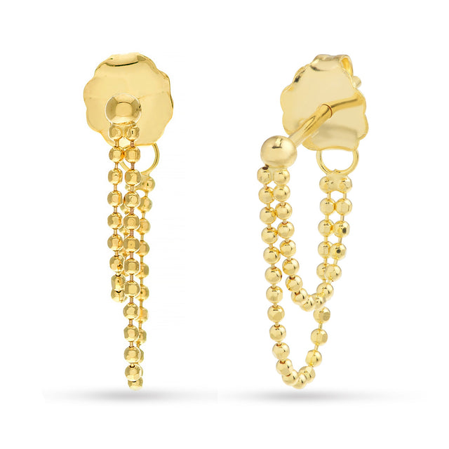 Yellow Gold Double Bead Chain Drop Earrings