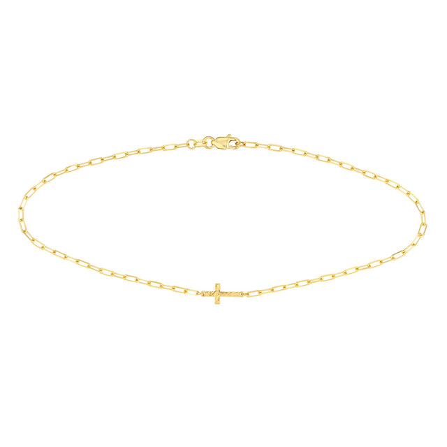 Yellow Gold East to West Hammered Cross Anklet