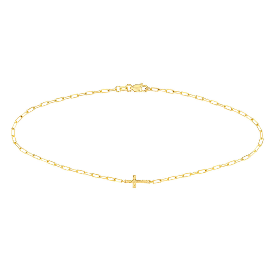 Yellow Gold East to West Hammered Cross Anklet