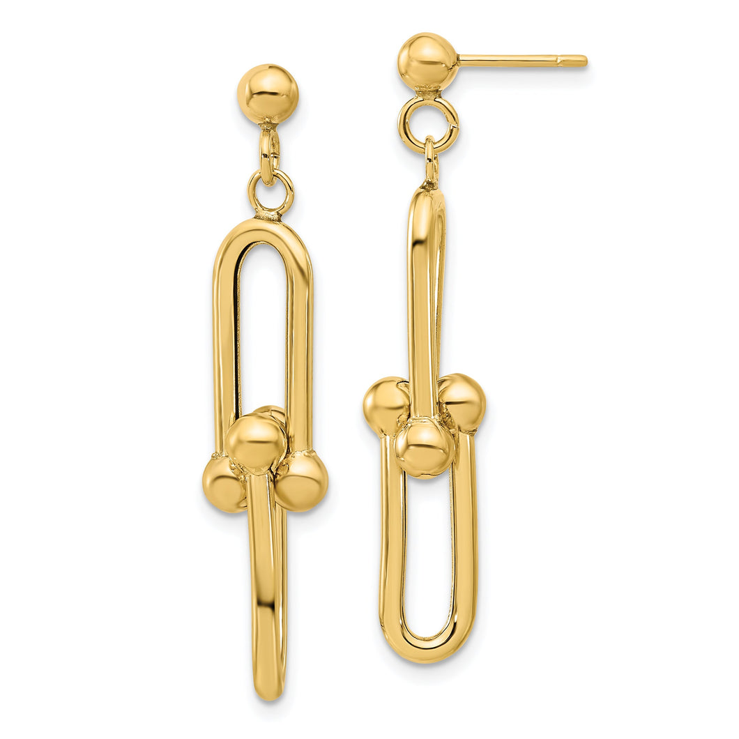 Yellow Gold Fancy Beaded Paperclip Link Dangle Earrings | 8mm