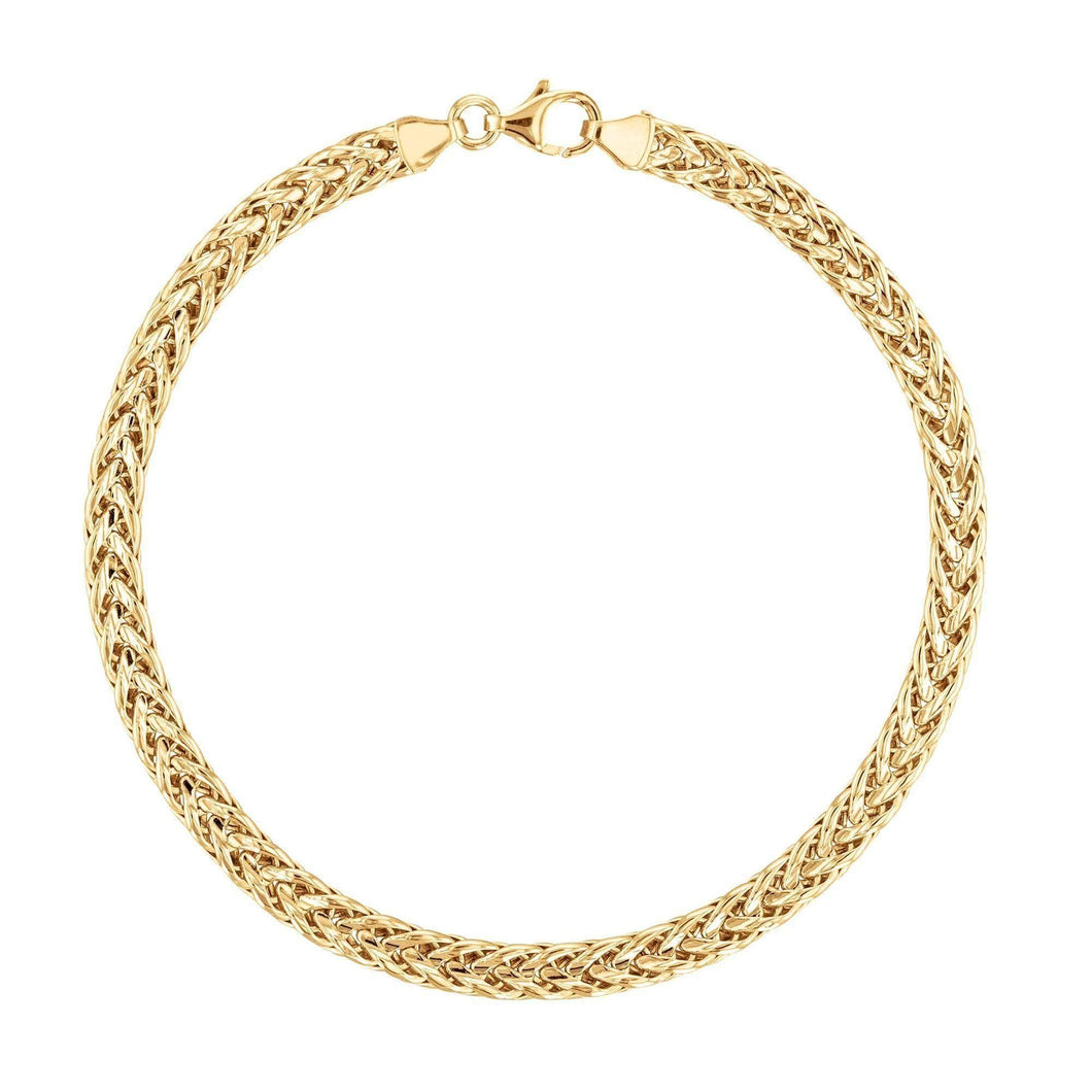Yellow Gold Flat Wheat Chain Bracelet | 4mm | 7.5 Inches
