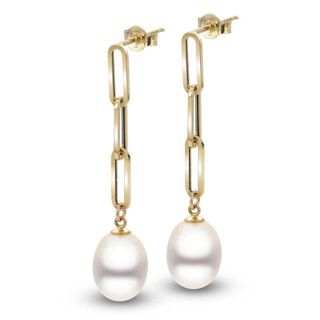 Yellow Gold Freshwater Cultured Pearl Paperclip Chain Drop Earrings