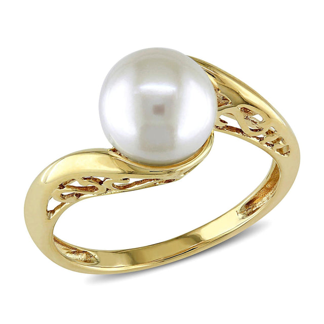Yellow Gold Freshwater Cultured White Pearl Bypass Ring - Size 5