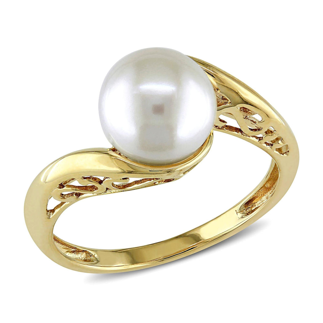 Yellow Gold Freshwater Cultured White Pearl Bypass Ring - Size 5