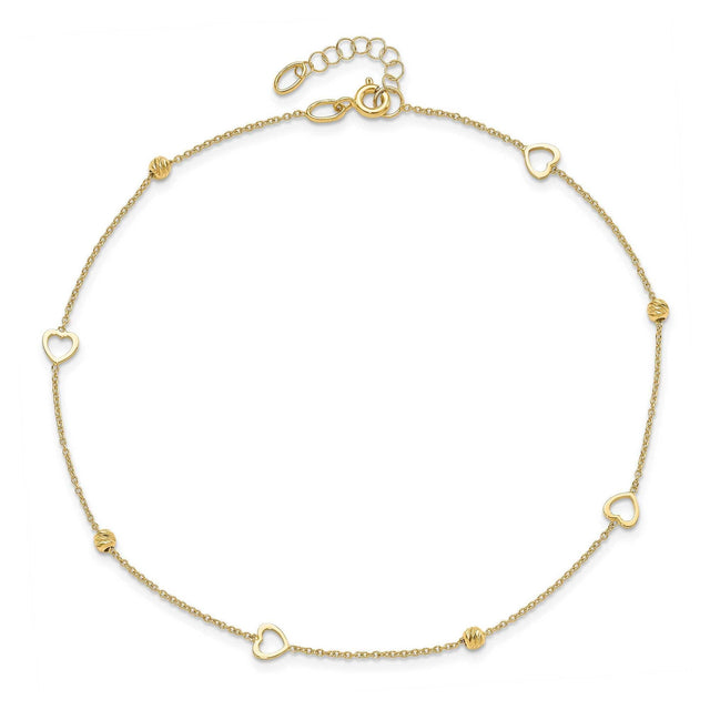 Yellow Gold Heart and Bead Stations Anklet