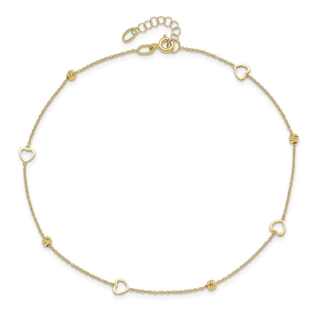 Yellow Gold Heart and Bead Stations Anklet