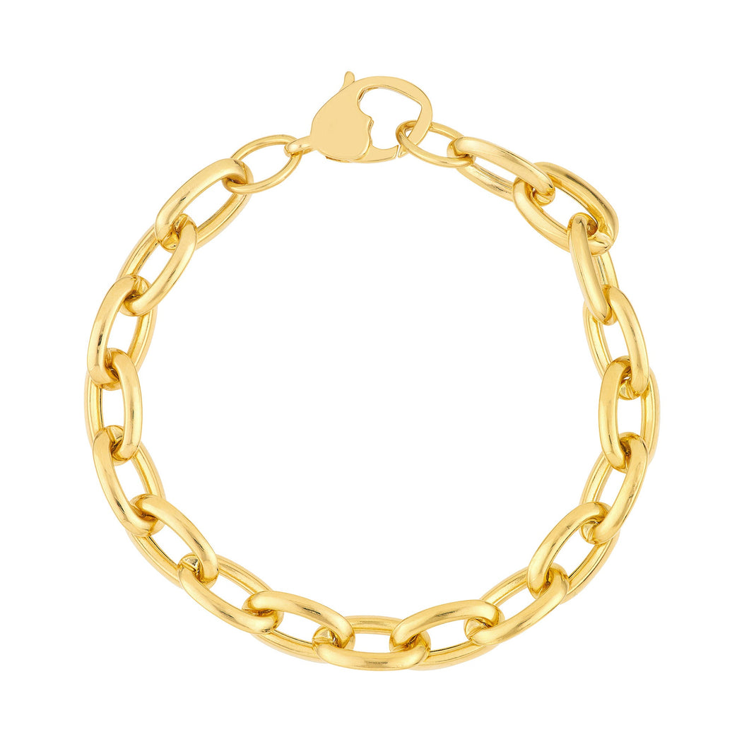Yellow Gold Hollow Oval Link Heart Lock Bracelet - 8 Inches