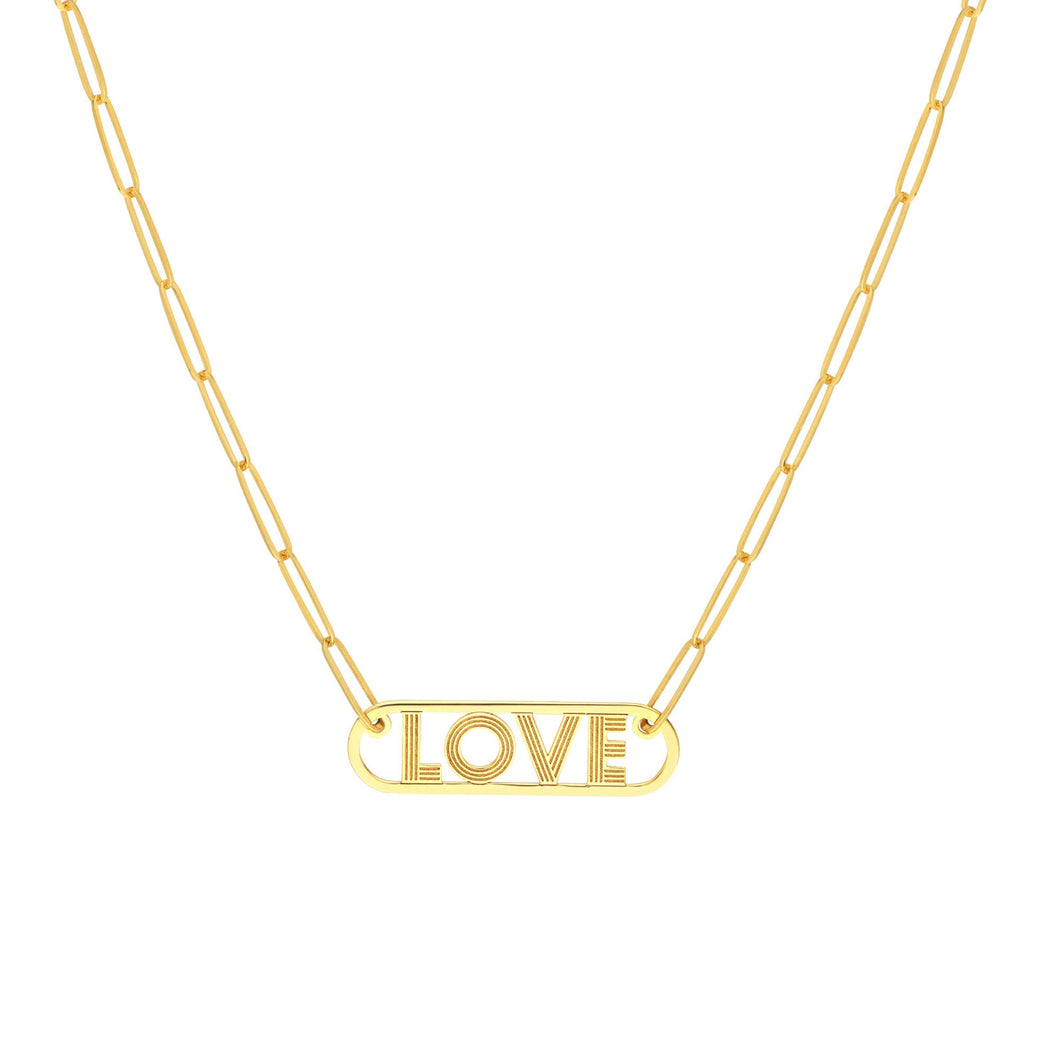 Yellow Gold Love Cut Out Paperclip Chain Necklace