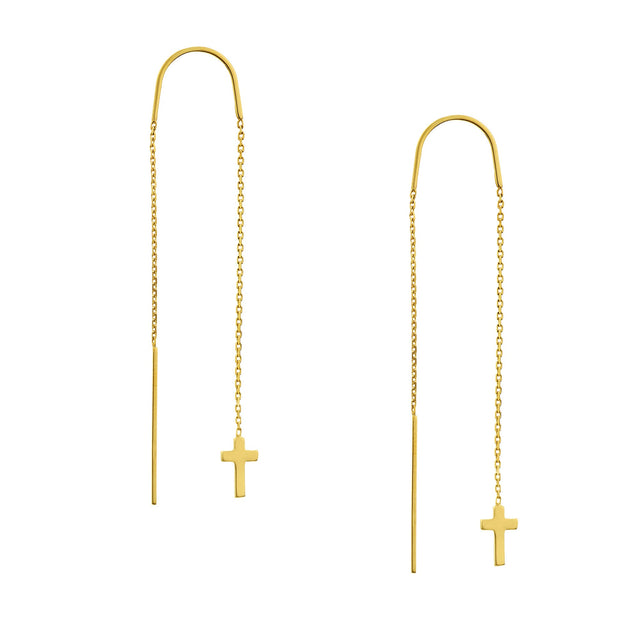 Yellow Gold Mini Cross Threader Earrings