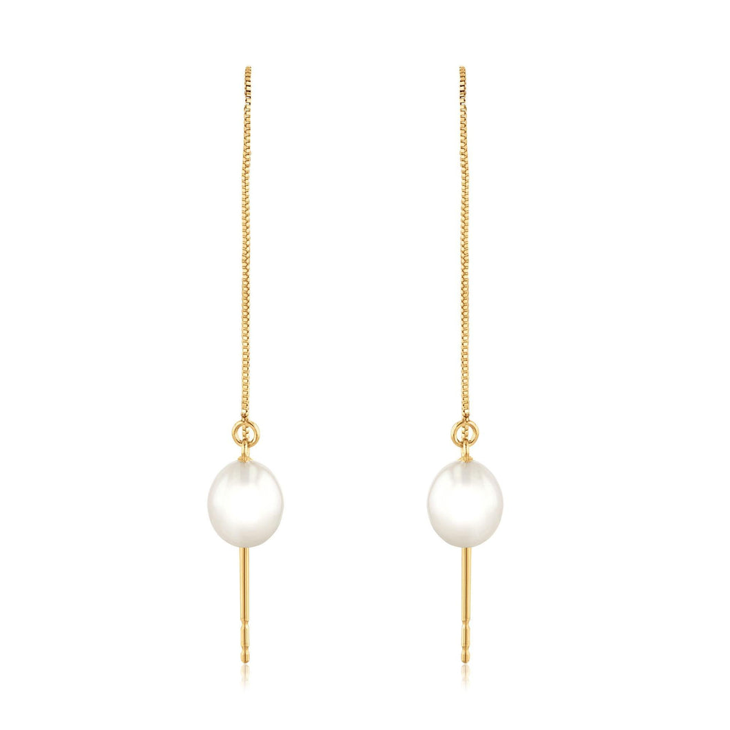 Yellow Gold Oval Freshwater Cultured Pearl Threader Earrings