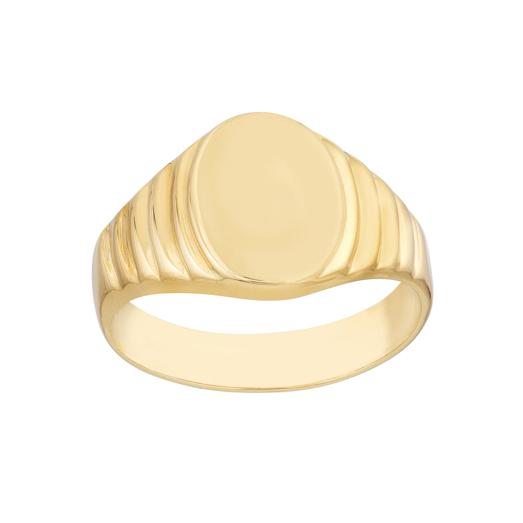 Yellow Gold Oval Step Pattern Signet Ring | Size 6