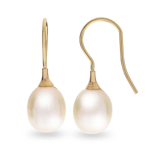 Yellow Gold Oval White Freshwater Cultured Pearl Earrings