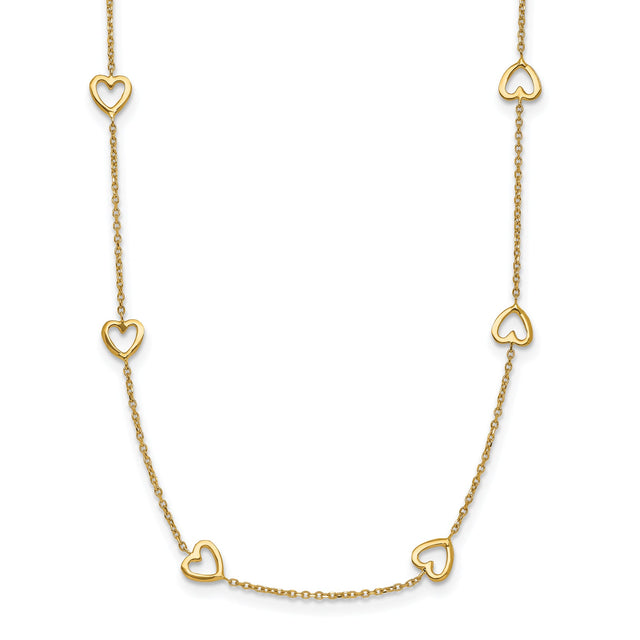 Yellow Gold Polished Open Hearts Station 16 Inch Necklace