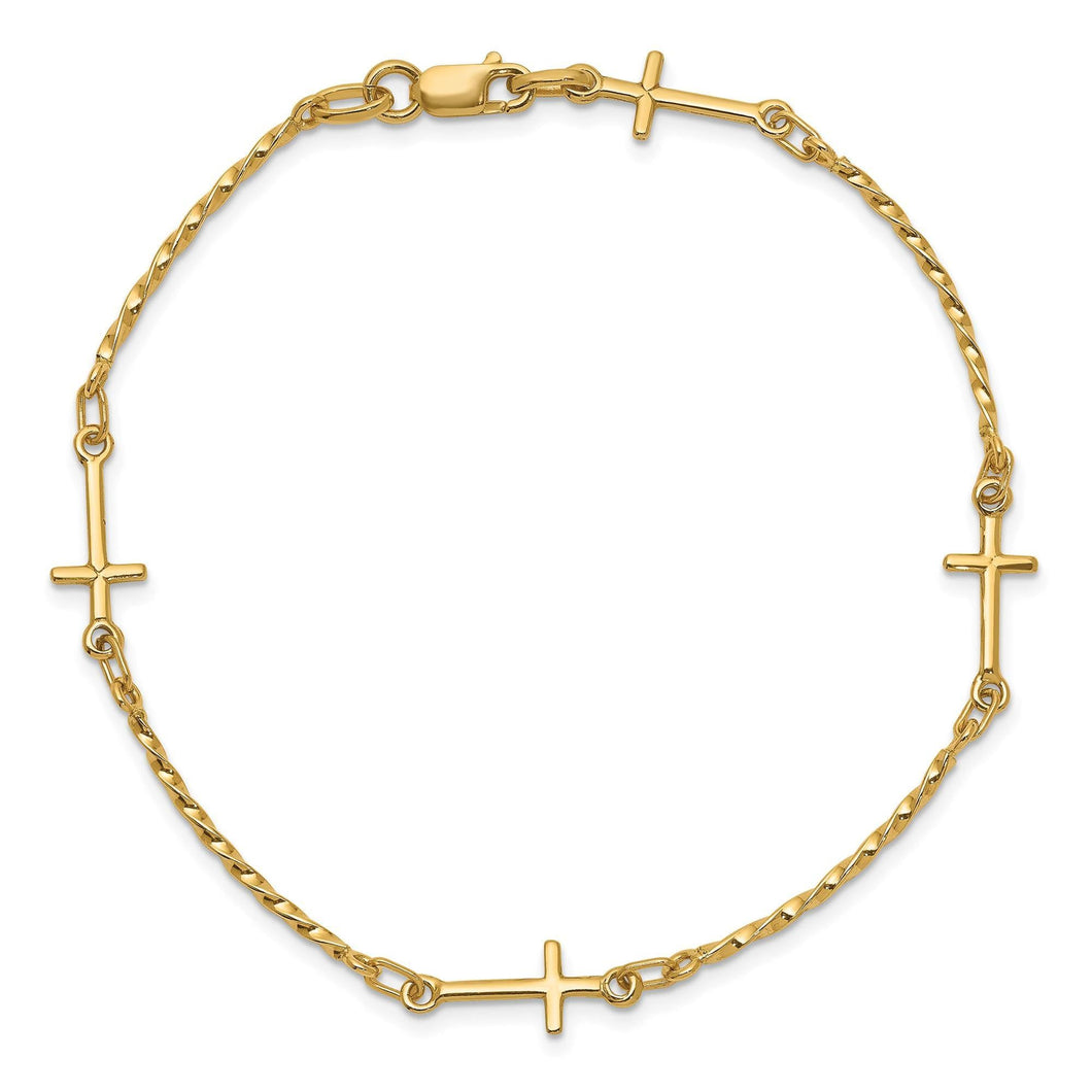 Yellow Gold Polished Twisted Cross Station Bracelet | 7.5 Inches