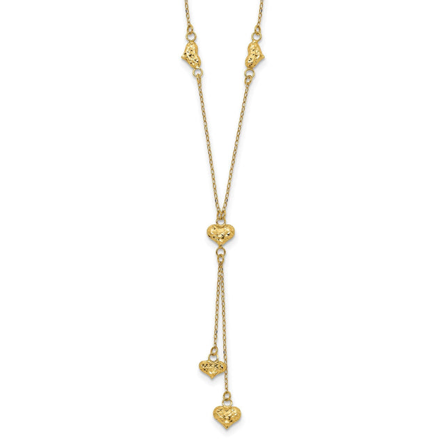 Yellow Gold Puffed Hearts Lariat Necklace