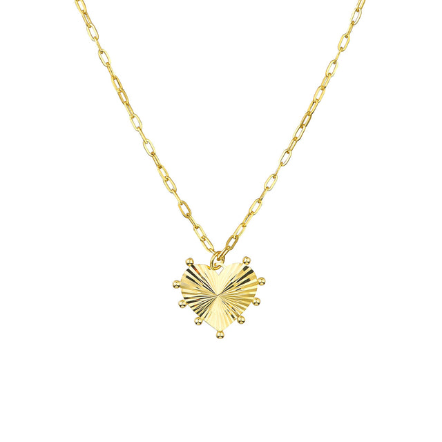Yellow Gold Solid Bead-Trim Fluted Heart Pendant Necklace