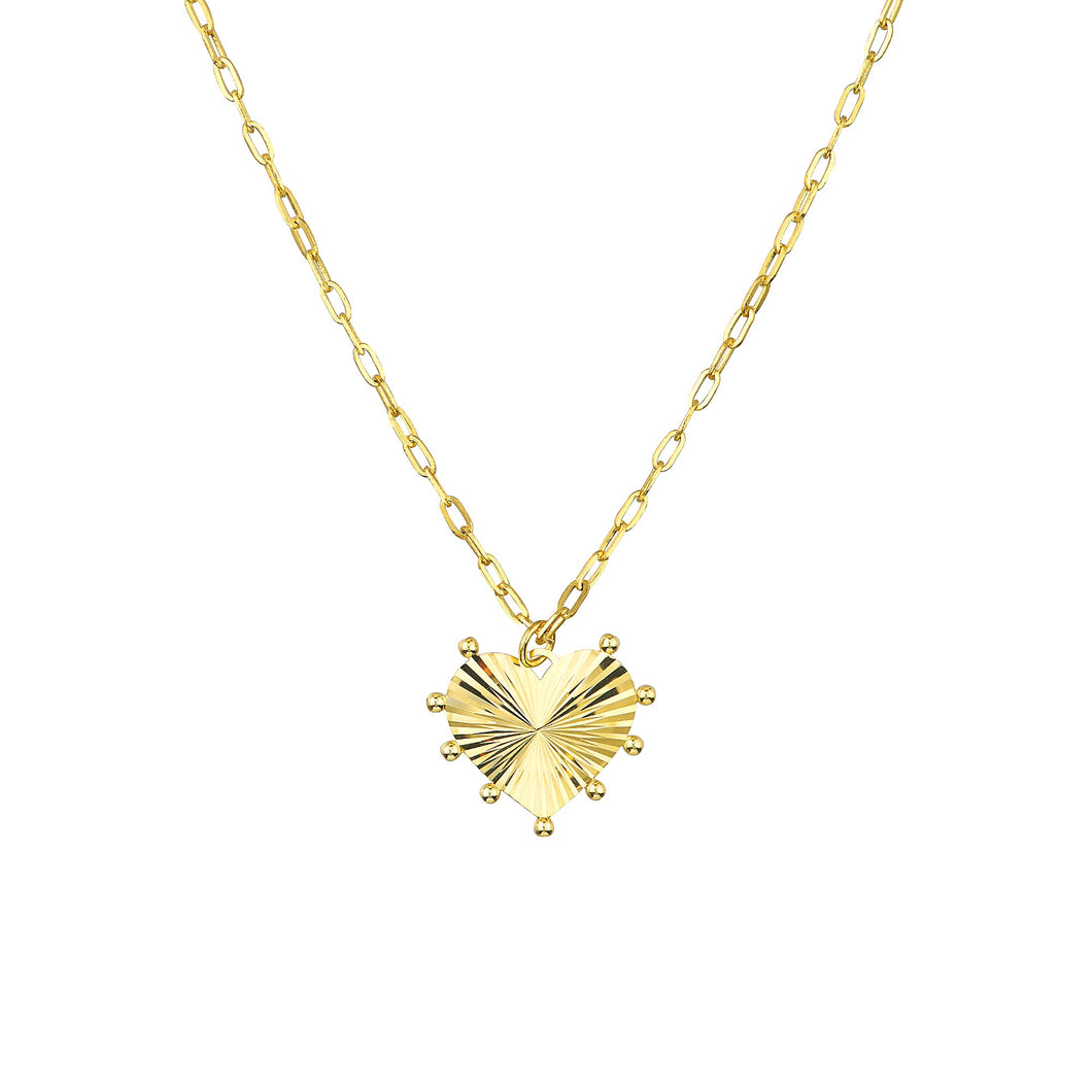 Yellow Gold Solid Bead-Trim Fluted Heart Pendant Necklace