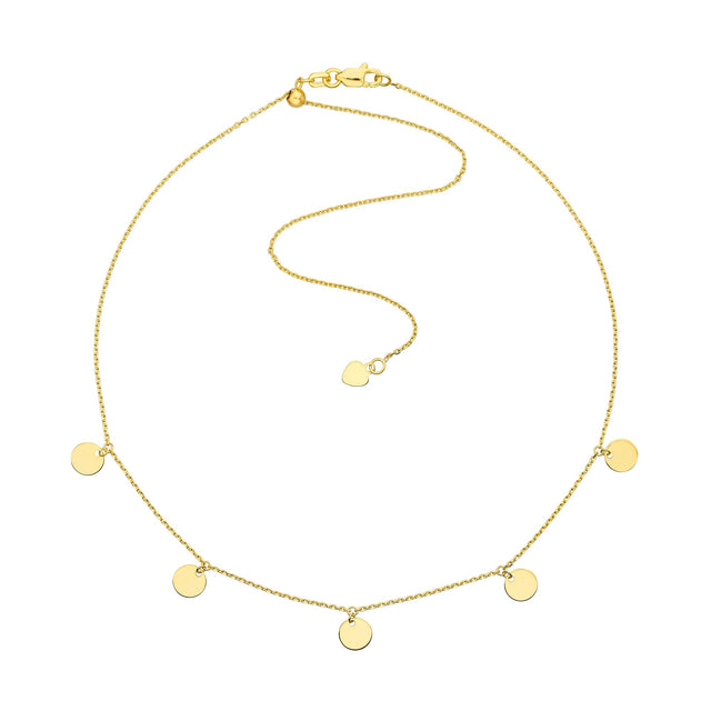 Yellow Gold Solid Dangling Disc Station Cable Chain Choker Necklace | Adjustable