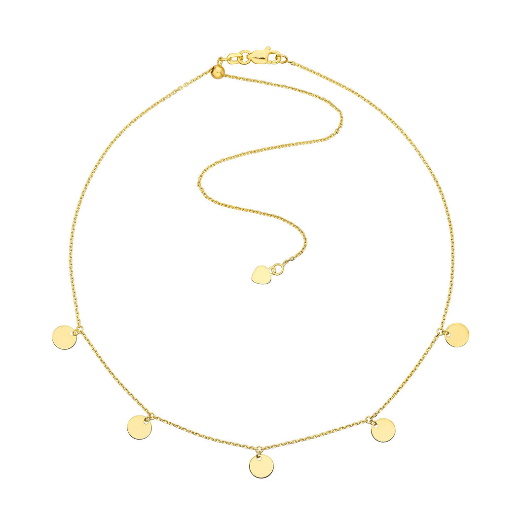 Yellow Gold Solid Dangling Disc Station Cable Chain Choker Necklace | Adjustable