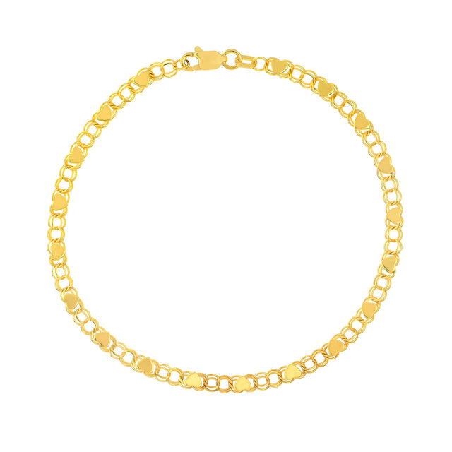 Yellow Gold Solid Heart Link Chain Bracelet | 3.45mm | 7.25 Inches