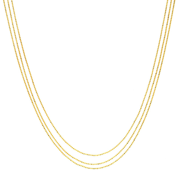 Yellow Gold Solid Triple Stand Bead Chain Necklace