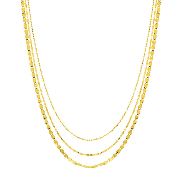 Yellow Gold Solid Triple-Strand Layered Beaded and Valentino Chain Necklace