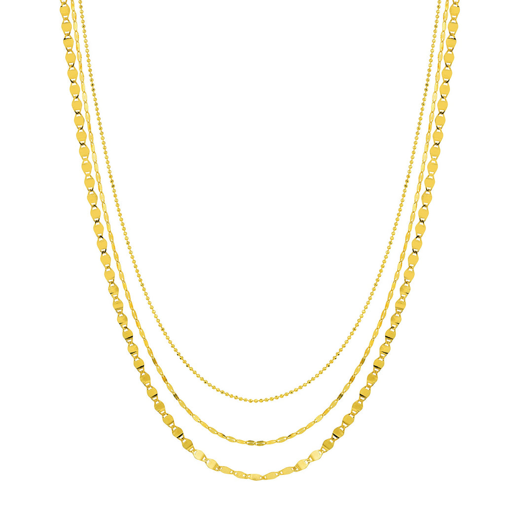 Yellow Gold Solid Triple-Strand Layered Beaded and Valentino Chain Necklace