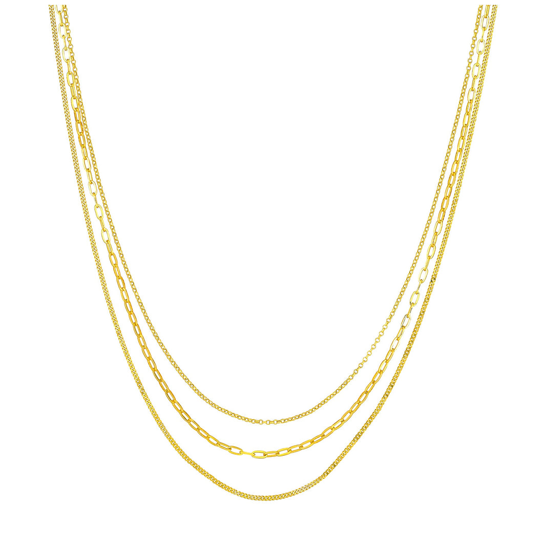 Yellow Gold Solid Triple-Strand Layered Rolo, Paperclip, and Curb Chain Necklace