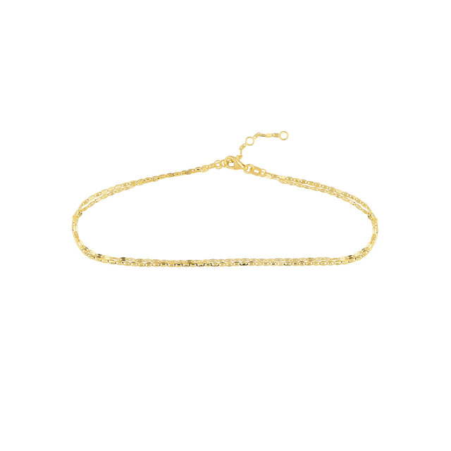 Yellow Gold Solid Valentino and Hammered Forzentina Double Strand Anklet | 10 Inches
