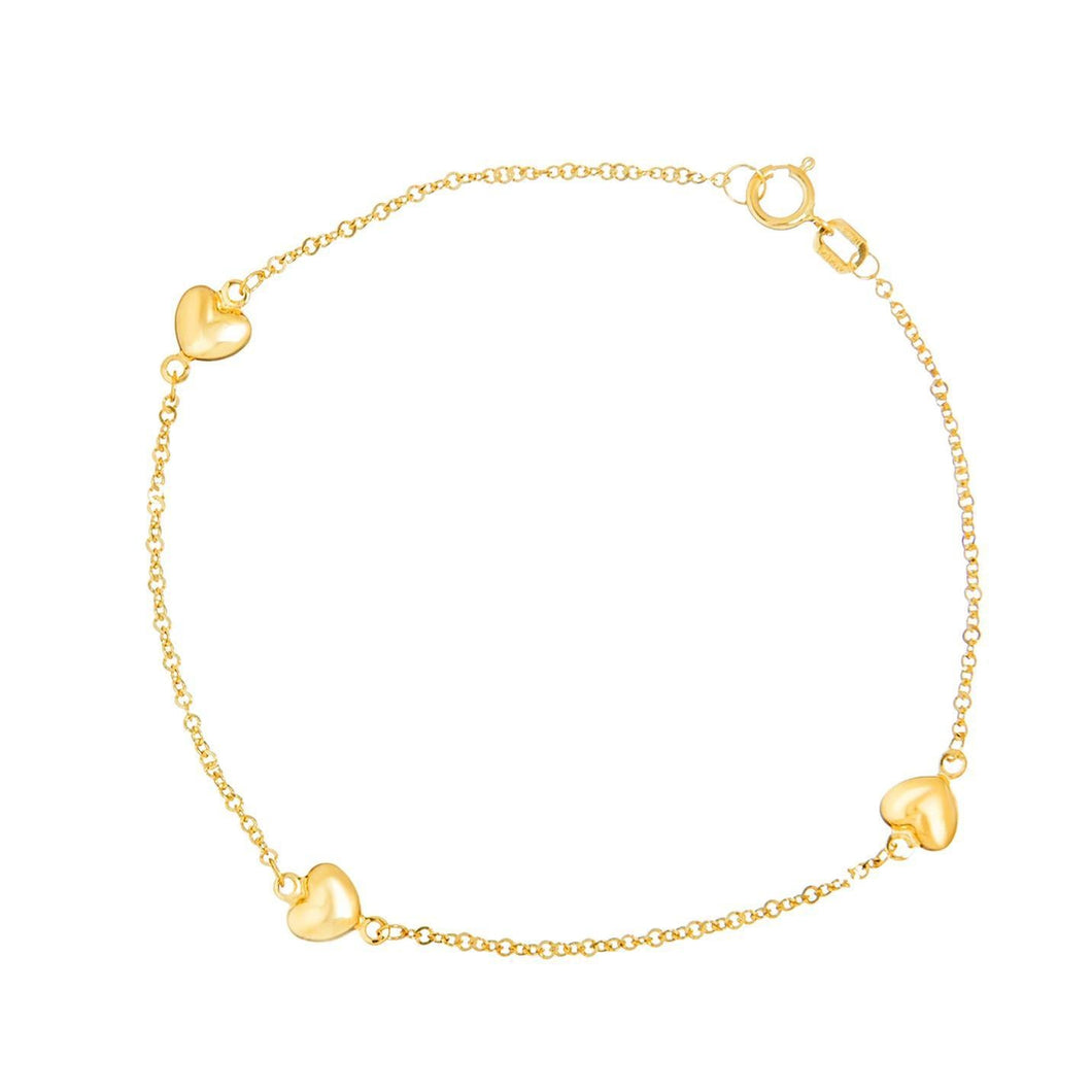 Yellow Gold Trio Puffed Hearts Bracelet