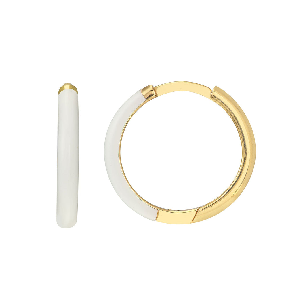 Yellow Gold and White Enamel Hoop Earrings