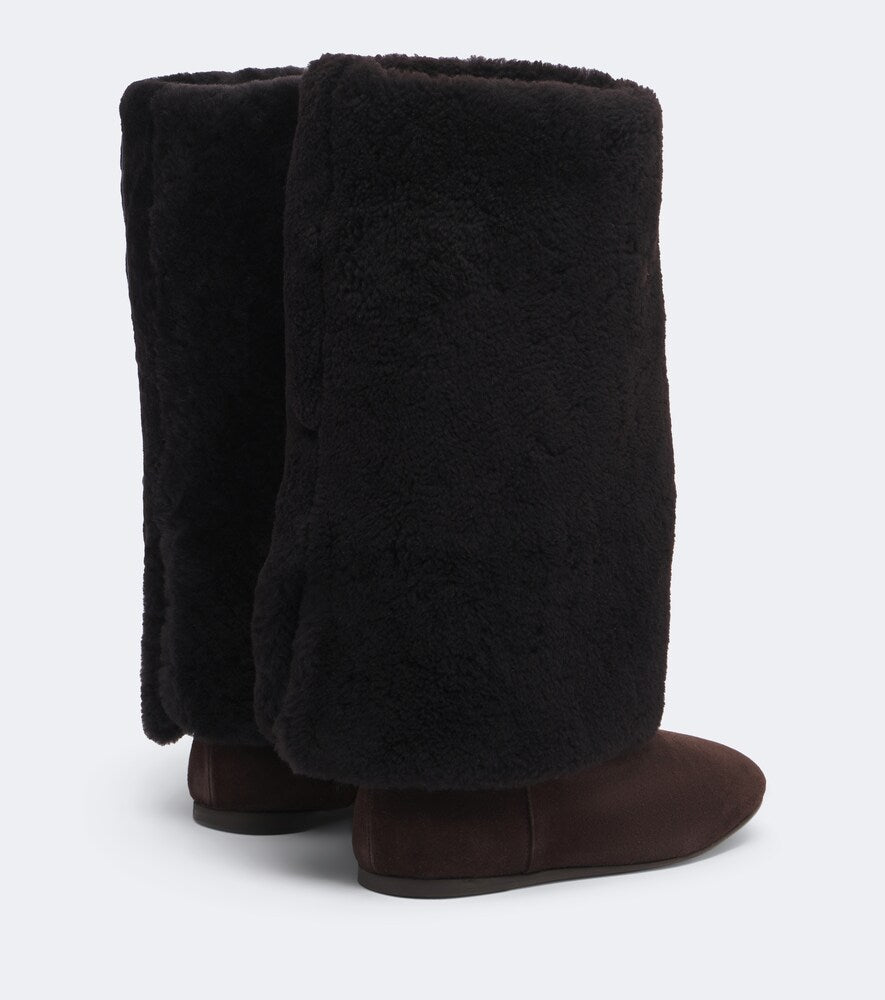 Yves Salomon Shearling and suede knee-high boots (Brown) - Flat Boots