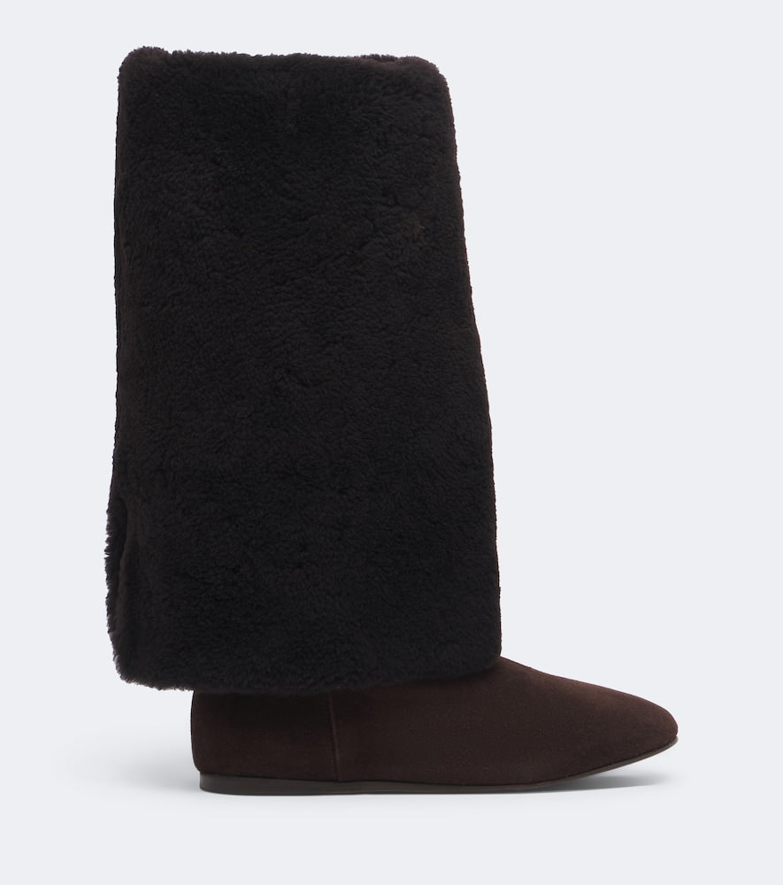 Yves Salomon Shearling and suede knee-high boots (Brown) - Flat Boots