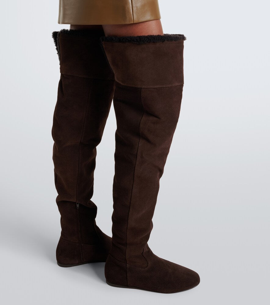 Yves Salomon Shearling and suede knee-high boots (Brown) - Flat Boots