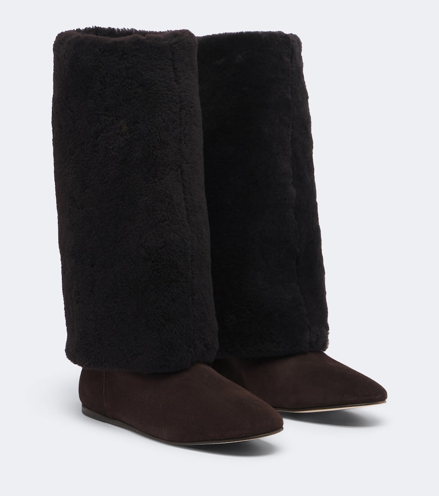 Yves Salomon Shearling and suede knee-high boots (Brown) - Flat Boots
