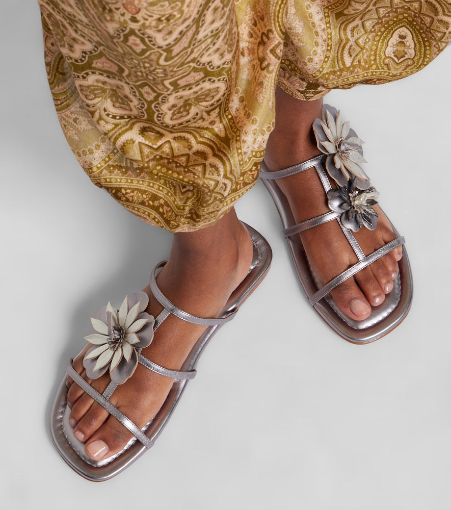 Zimmermann Floral-applique metallic leather sandals - Silver Slides