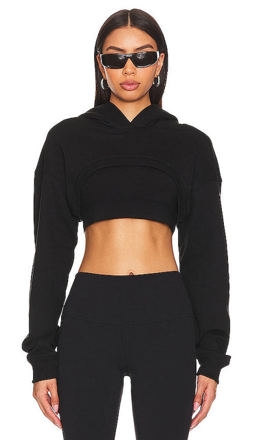 alo Cropped Shrug It Off Cropped Hoodie in Black - alo - Shrug It Off - Sweat à capuche court - Noir - alo 黑色 Shrug It Off 短款连帽衫 - alo Cropped Shrug It Off Kurzer Kapuzenpullover in Schwarz - alo 크롭 슈러그 잇 오프 크롭 후디 - alo Cropped Shrug It Off Felpa con cappuccio corta in nero