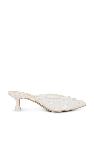 Dolce Vita Clara Pearl Heel in White | True White Daisy Mesh Closed Toe Mules for Women