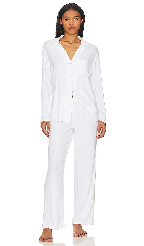 eberjey Gisele Rib Long PJ Set in White - eberjey Ensemble pyjama long côtelé Gisele en blanc - eberjey Gisele 白色罗纹长睡衣套装 - Eberjey Gisele Rib Long Pyjama-Set in Weiß - eberjey 지젤 립 롱 파자마 세트 화이트 색상 - eberjey Pigiama lungo a coste Gisele in bianco