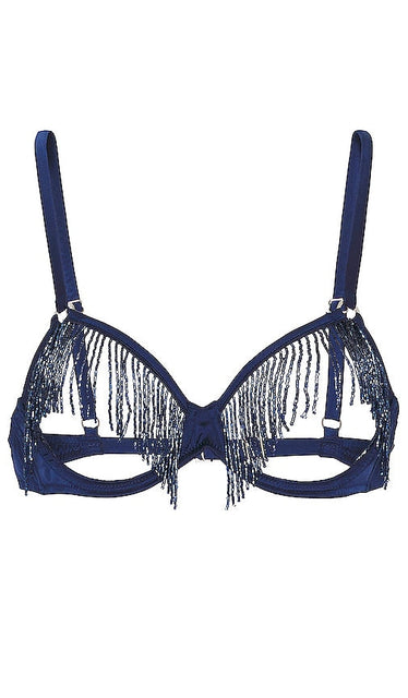 fleur du mal Beaded Fringe Ouvert Bra in Blue - fleur du mal Soutien-gorge ouvert à franges perlées en bleu - 蓝色 Fleur du mal 珠饰流苏 Ouvert 文胸 - fleur du mal Ouvert-BH mit Perlenfransen in Blau - fleur du mal 블루 컬러의 비즈 프린지 우베르 브라 - fleur du mal Reggiseno aperto con frange e perline in blu
