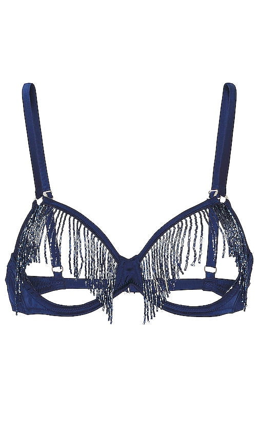 fleur du mal Beaded Fringe Ouvert Bra in Blue - fleur du mal Soutien-gorge ouvert à franges perlées en bleu - 蓝色 Fleur du mal 珠饰流苏 Ouvert 文胸 - fleur du mal Ouvert-BH mit Perlenfransen in Blau - fleur du mal 블루 컬러의 비즈 프린지 우베르 브라 - fleur du mal Reggiseno aperto con frange e perline in blu