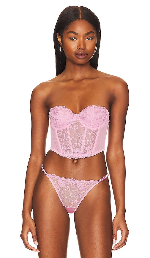 fleur du mal Bella Embroidery Open Back Bustier in Pink - fleur du mal Bustier Bella brodé à dos ouvert en rose - fleur du mal Bella 粉色刺绣露背紧身胸衣 - fleur du mal Bella Stickerei-Bustier mit offenem Rücken in Rosa - fleur du Mal Bella 자수 오픈 백 뷔스티에 핑크 색상 - fleur du mal Bella ricamo bustier aperto sul retro in rosa