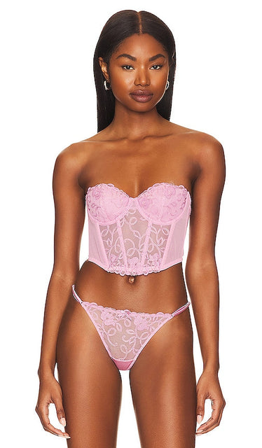 fleur du mal Bella Embroidery Open Back Bustier in Pink - fleur du mal Bustier Bella brodé à dos ouvert en rose - fleur du mal Bella 粉色刺绣露背紧身胸衣 - fleur du mal Bella Stickerei-Bustier mit offenem Rücken in Rosa - fleur du Mal Bella 자수 오픈 백 뷔스티에 핑크 색상 - fleur du mal Bella ricamo bustier aperto sul retro in rosa