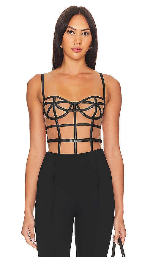 fleur du mal Faux Leather Caged Bodysuit in Black - fleur du mal Body cage en similicuir noir - fleur du mal 黑色仿皮笼式连体衣 - fleur du mal Käfig-Body aus Kunstleder in Schwarz - fleur du Mal 인조 가죽 케이지드 바디수트 블랙 색상 - fleur du mal Body a gabbia in ecopelle in nero