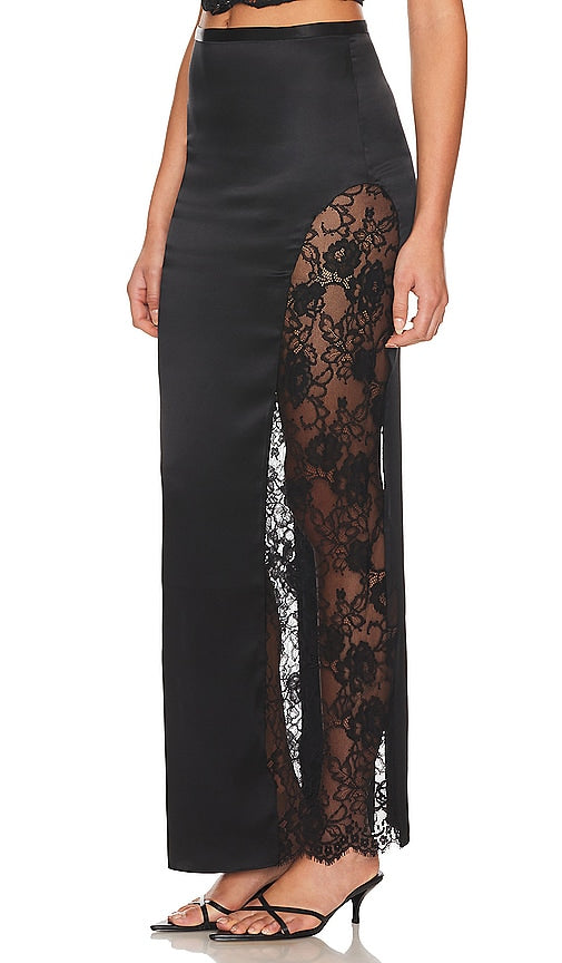 fleur du mal Lace Insert Maxi Skirt in Black - fleur du mal - Jupe longue avec insert en dentelle - Noir - 黑色 fleur du mal 蕾丝嵌片长裙 - fleur du mal Maxirock mit Spitzeneinsatz in Schwarz - fleur du mal 레이스 인서트 맥시 스커트 - fleur du mal Gonna lunga con inserto in pizzo in nero