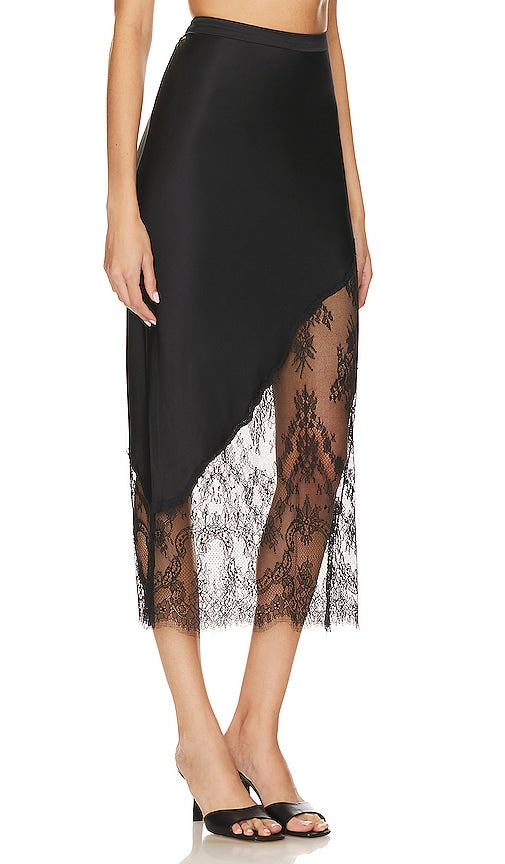 fleur du mal Silk And Chantilly Lace Skirt in Black