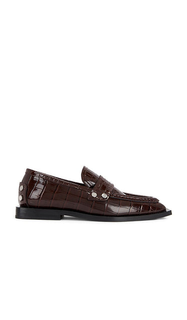 Ganni Studs Square Shiny Croco Loafer in Chocolate | Chocolate Fondant Loafers & Oxfords Flats for Women
