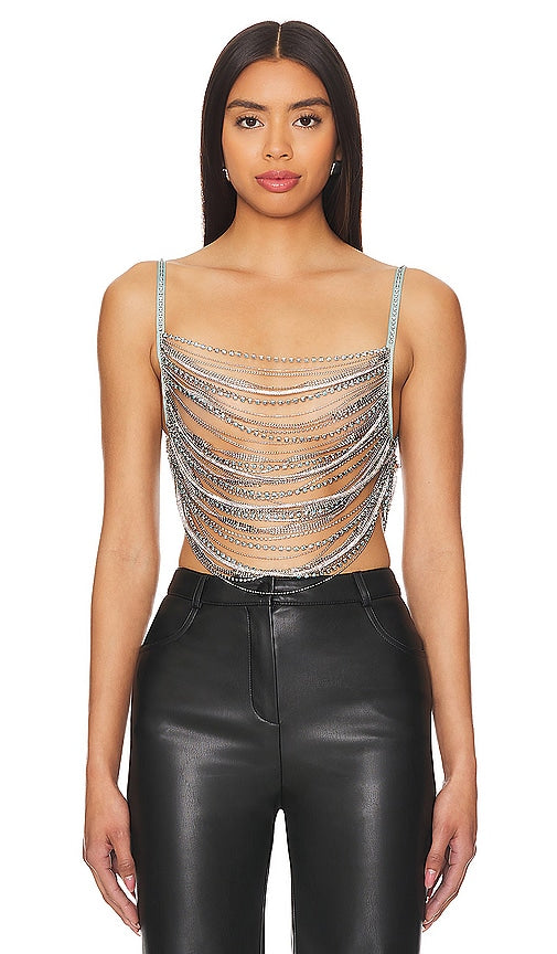 h:ours Milana Rhinestone Top in Metallic Silver - h:ours Milana - Haut strassé en argent métallisé - h:ours Milana 金属银色莱茵石上衣 - h:ours Milana Strass-Top in Metallic-Silber - h:ours Milana 라인스톤 탑 메탈릭 실버 소재 - h:il nostro top Milana con strass in argento metallizzato